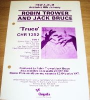 ROBIN TROWER AND JACK BRUCE U.K. RECORD COMPANY PROMO RETAIL INFO SHEET FOR THE 'TRUCE' ALBUM 1981