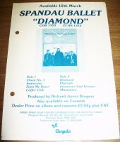 SPANDAU BALLET U.K. RECORD COMPANY PROMO RETAIL INFO SHEET FOR THE ALBUM 'DIAMOND' 1982