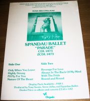 SPANDAU BALLET U.K. RECORD COMPANY PROMO RETAIL INFO SHEET FOR THE ALBUM 'PARADE' 1984