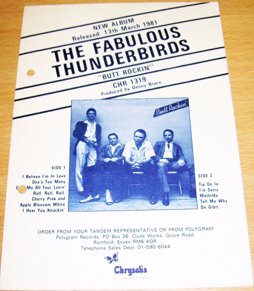 THE FABULOUS THUNDERBIRDS U.K. RECORD COMPANY PROMO RETAIL INFO SHEET FOR T