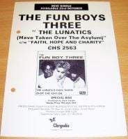 THE FUN BOY 3 U.K. RECORD COMPANY PROMO RETAIL INFO SHEET FOR THE DEBUT SINGLE 'THE LUNATICS' 1982