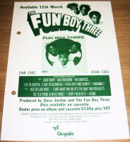 THE FUN BOY 3 U.K. RECORD COMPANY PROMO RETAIL INFO SHEET FOR THE 'FUN BOY 3' ALBUM 1982