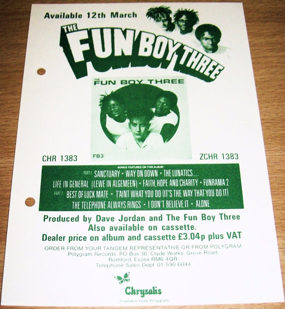 THE FUN BOY 3 U.K. RECORD COMPANY PROMO RETAIL INFO SHEET FOR THE 'FUN BOY 