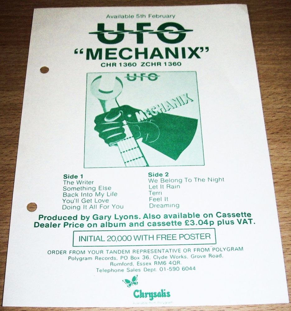 U.F.O. U.K. RECORD COMPANY PROMO RETAIL INFO SHEET FOR THE 