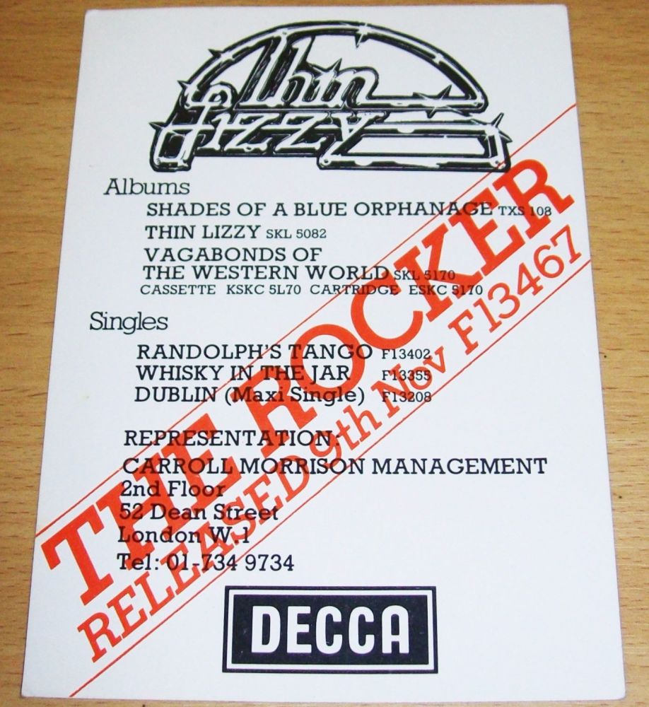 THIN LIZZY RARE UK RECORD COMPANY PROMO CARD FLYER FOR 'THE ROCKER' SINGLE 