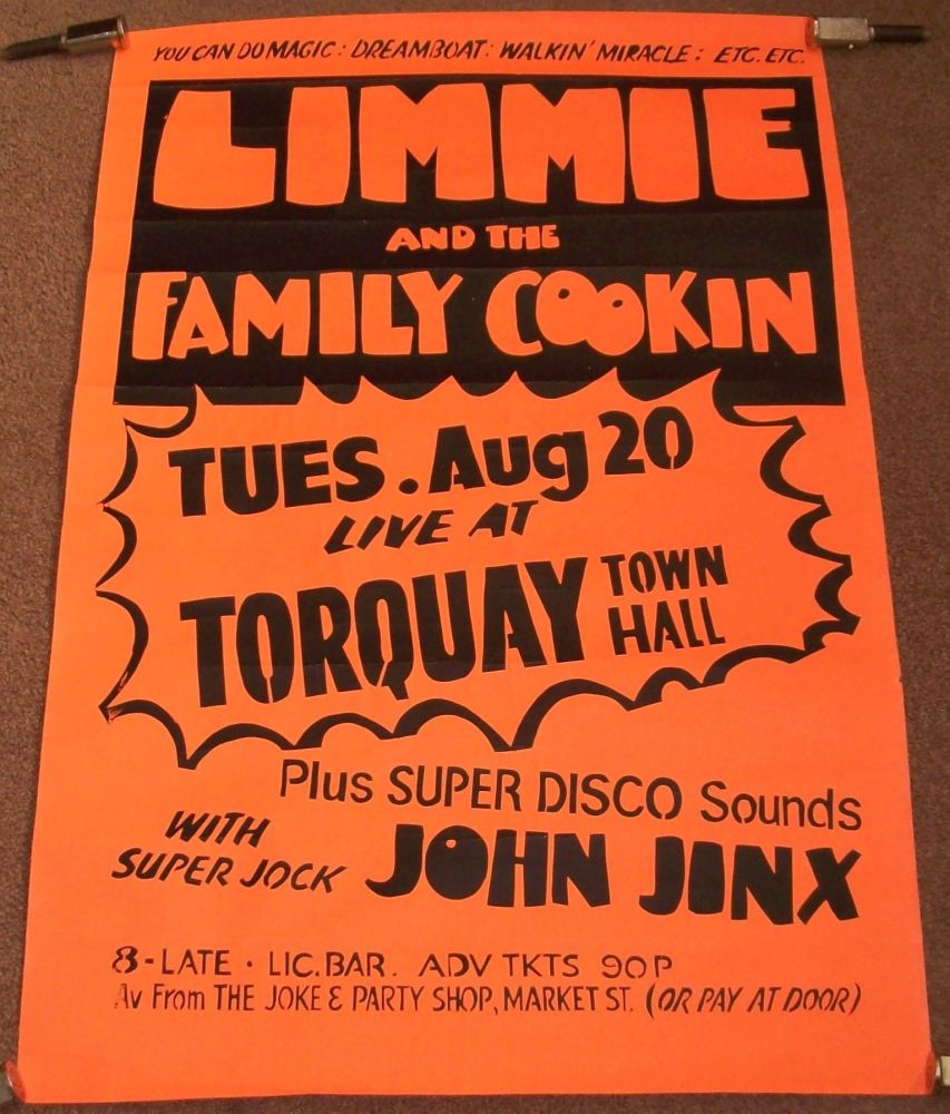 LIMMIE AND THE FAMILY COOKIN CONCERT POSTER TUE 20th AUG 1974 TORQUAY TOWN 