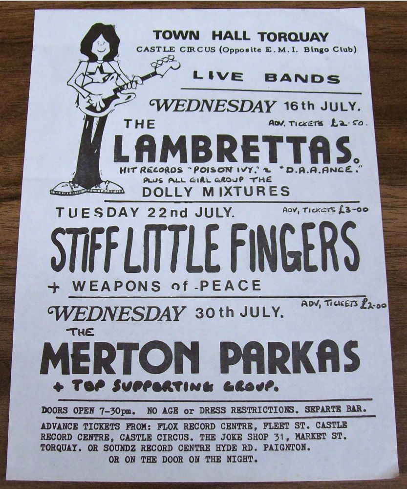 M/PARKAS LAMBRETTAS STIFF LITTLE FINGERS RARE CONCERTS FLYER JULY TORQUAY 1