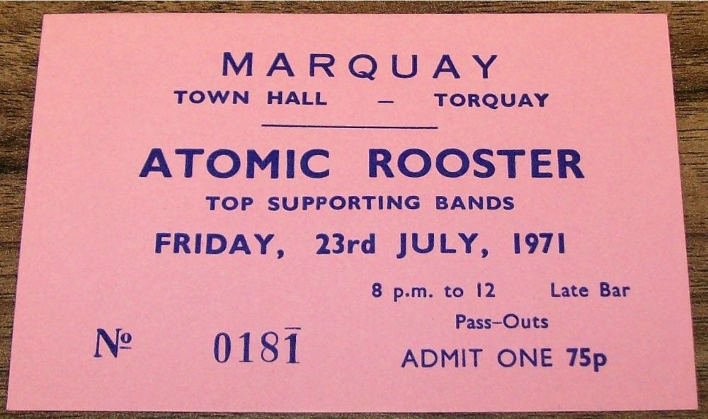 ATOMIC ROOSTER CARD CONCERT TICKET FRIDAY 23rd JULY 1971 TORQUAY TOWN HALL 