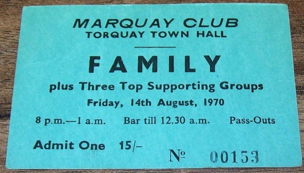 FAMILY SUPERB RARE CARD CONCERT TICKET FRIDAY 14th AUGUST 1970 TORQUAY TOWN