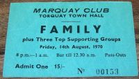 FAMILY SUPERB RARE CARD CONCERT TICKET FRIDAY 14th AUGUST 1970 TORQUAY TOWN HALL