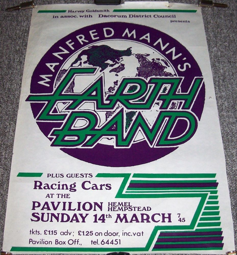 MANFRED MANNS EARTHBAND RACING CARS U.K. CONCERT POSTER SUNDAY 14th MARCH 1