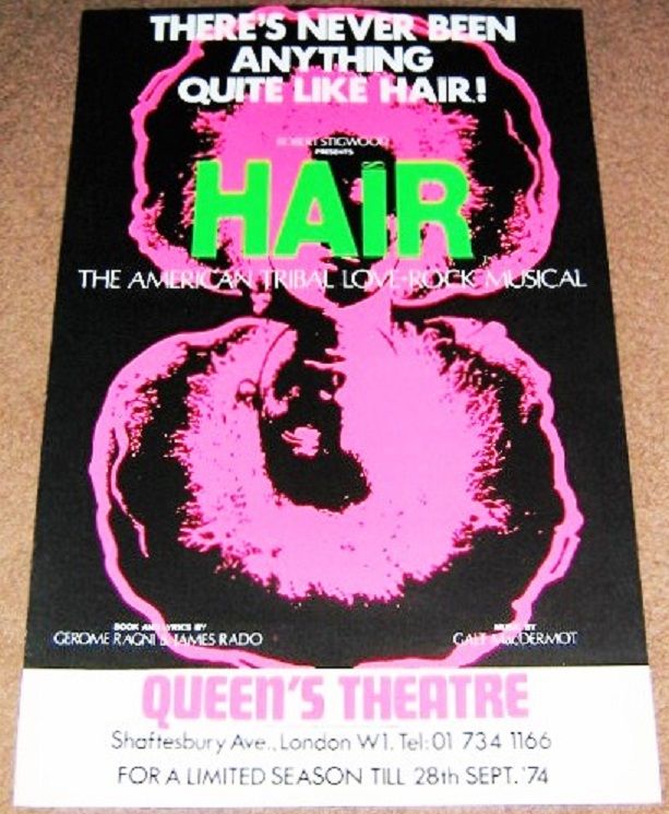 HAIR ROBERT STIGWOOD THEATRE POSTER AT THE QUEENâ€™S THEATRE LONDON 1973