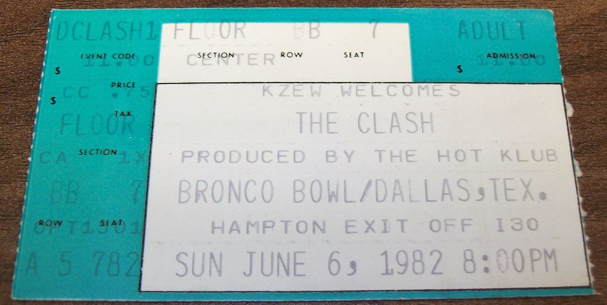 THE CLASH CONCERT TICKET SUNDAY 6th JUNE 1982 BRONCO BOWL DALLAS TEXAS