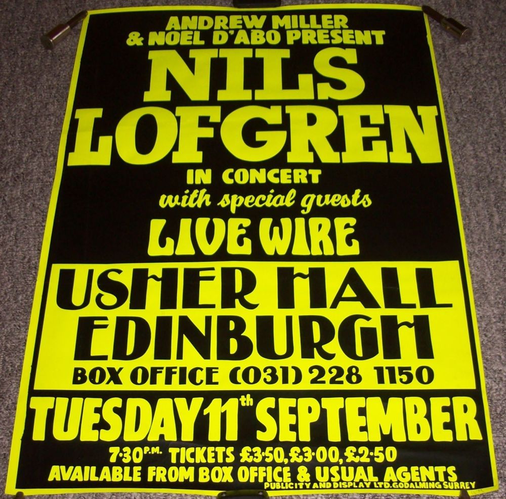 NILS LOFGREN CONCERT POSTER USHER HALL EDINBURGH TUESDAY 11th SEPTEMBER IN 