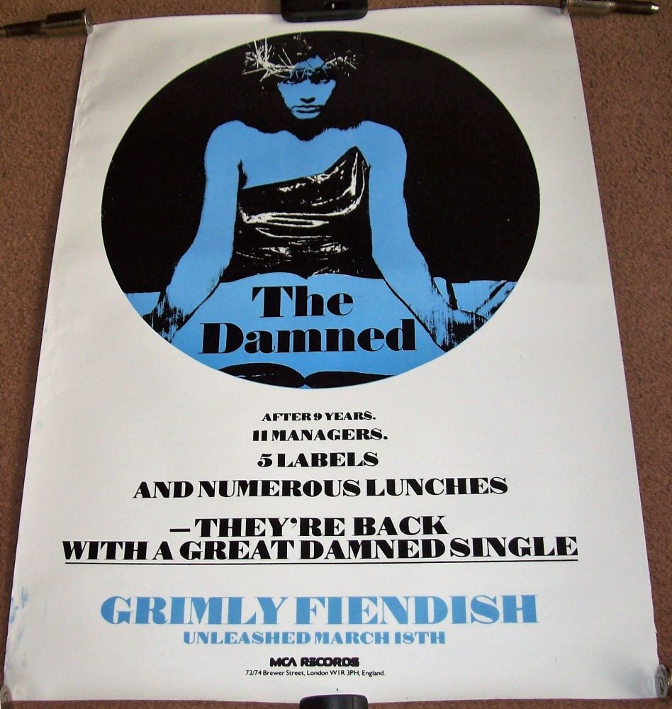 THE DAMNED SUPERB U.K. RECORD COMPANY PROMO POSTER 'GRIMLY FIENDISH' SINGLE
