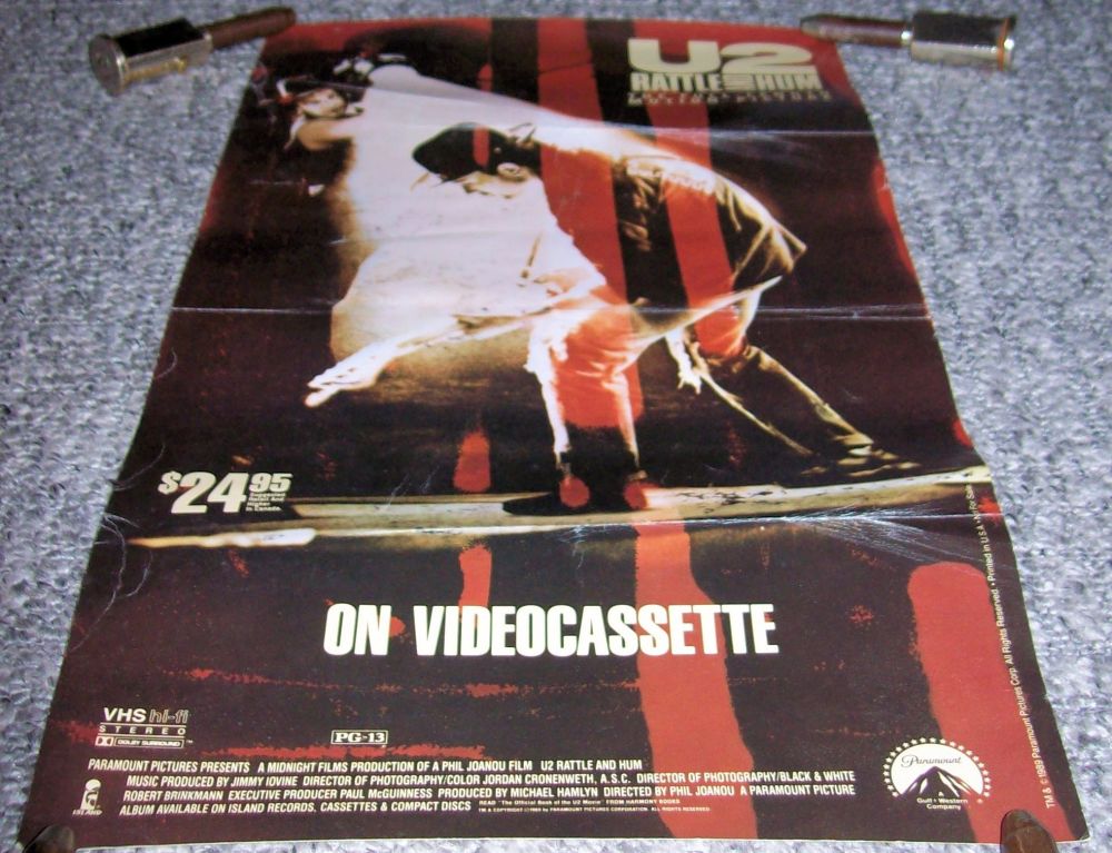 U2 SUPERB US RECORD COMPANY PROMO POSTER VIDEO CASSETTE OF 'RATTLE AND HUM'