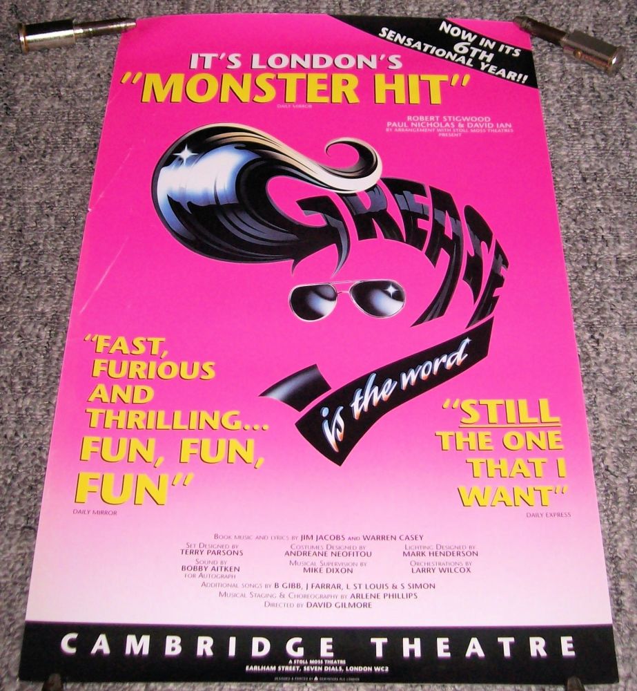GREASE STUNNING RARE PROMO POSTER FOR THE CAMBRIDGE THEATRE LONDON IN 1999