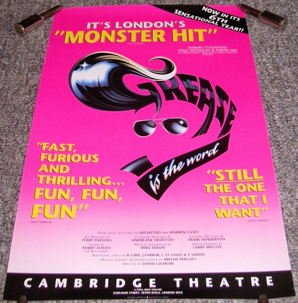 GREASE STUNNING RARE PROMO POSTER FOR THE CAMBRIDGE THEATRE LONDON IN 1999