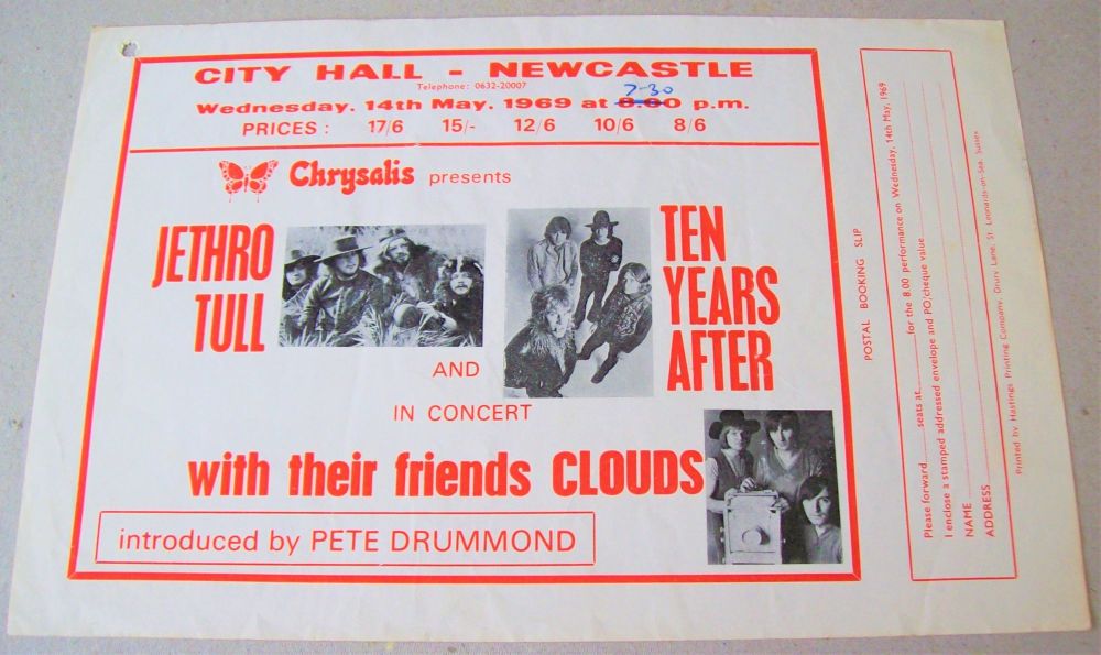 JETHRO TULL TEN YEARS AFTER CLOUDS CONCERT HANDBILL WEDNESDAY 14th MAY 1969