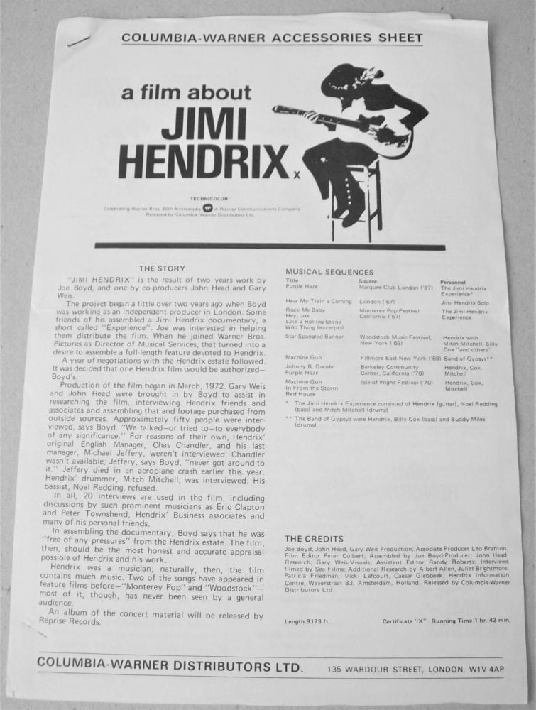 JIMI HENDRIX U.K. 10 PAGE MEDIA CAMPAIGN LEAFLET FOR THE RELEASE OF THE FIL