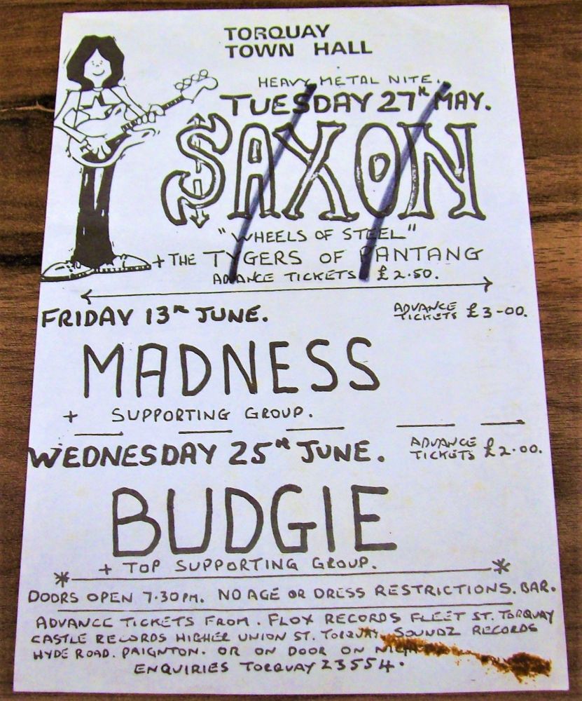 SAXON MADNESS BUDGIE RARE CONCERTS HANDBILL-FLYER JUNE 1980 TORQUAY TOWN HA