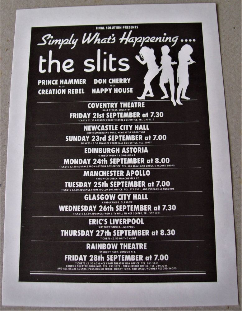 THE SLITS PUNK STUNNING RARE U.K. TOUR FLYER 21st TO 28th SEPTEMBER 1979