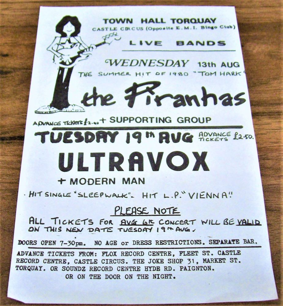ULTRAVOX THE PIRANHAS RARE CONCERTS HANDBILL-FLYER AUGUST 1980 TORQUAY TOWN