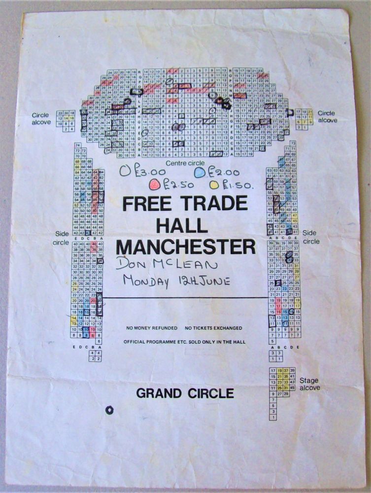 DON McCLEAN CONCERT SEATING MAP MONDAY 12th JUNE 1977 MANCHESTER FREE TRADE