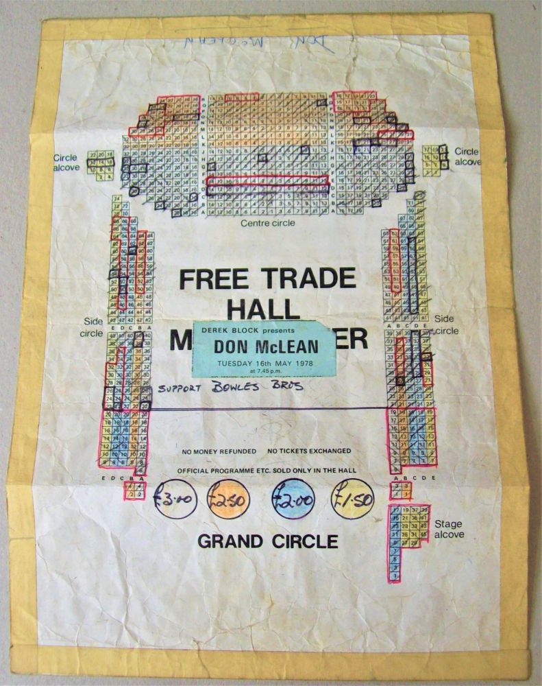 DON McCLEAN CONCERT SEATING MAP TUES 16th MAY 1978 MANCHESTER FREE TRADE HA