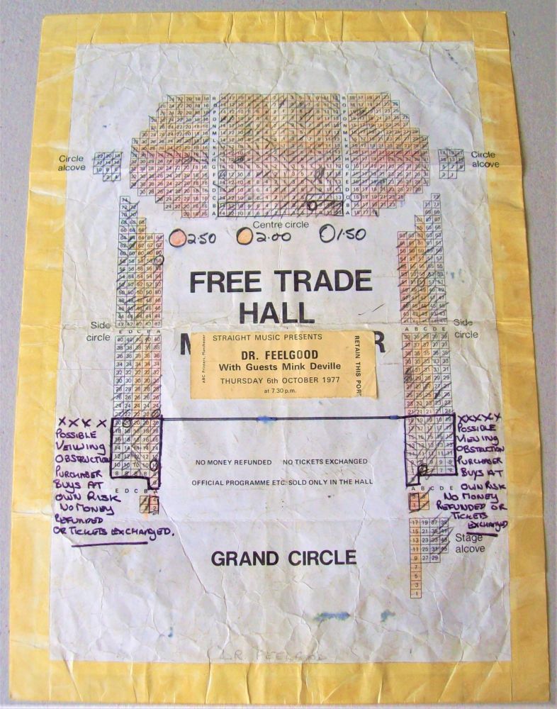 DR. FEELGOOD & MINK DeVILLE CONCERT SEATING MAP THUR 6th OCT 1977 MANCHESTE