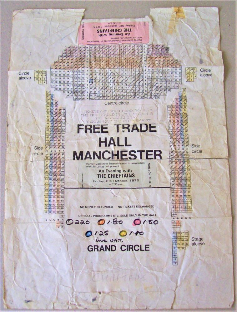 THE CHIEFTAINS CONCERT SEATING MAP & TICKET FRIDAY 8th OCT 1976 MANCHESTER 