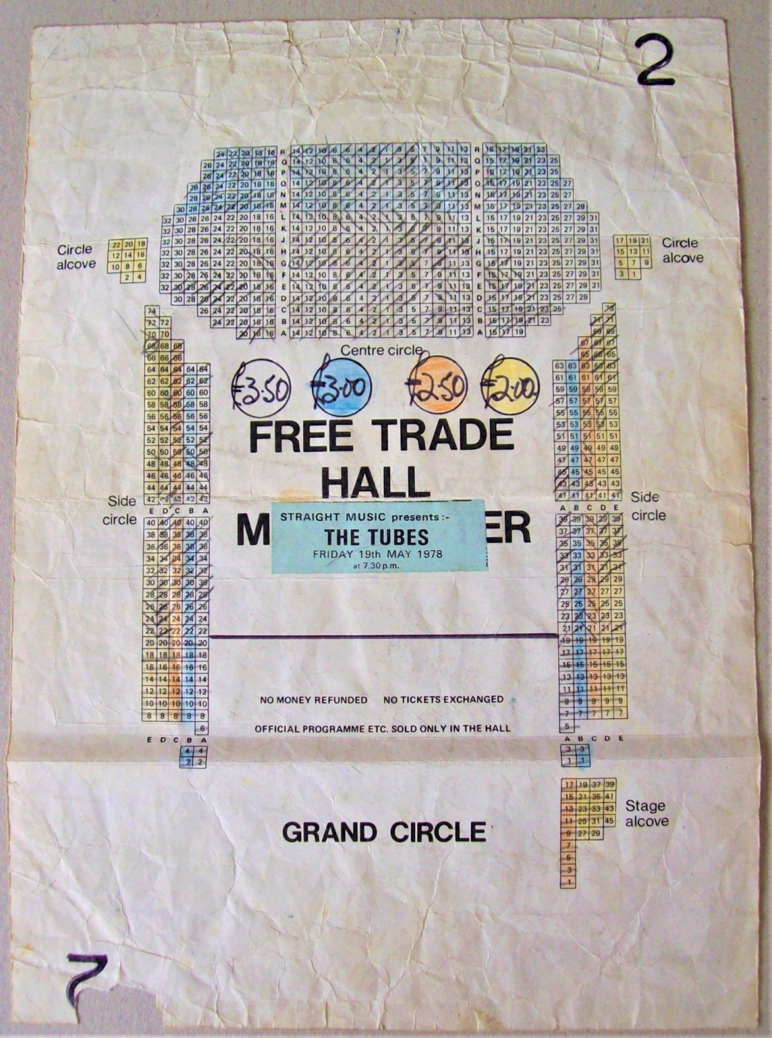 THE TUBES CONCERT SEATING MAP FRI 19th MAY 1978 MANCHESTER FREE TRADE HALL 