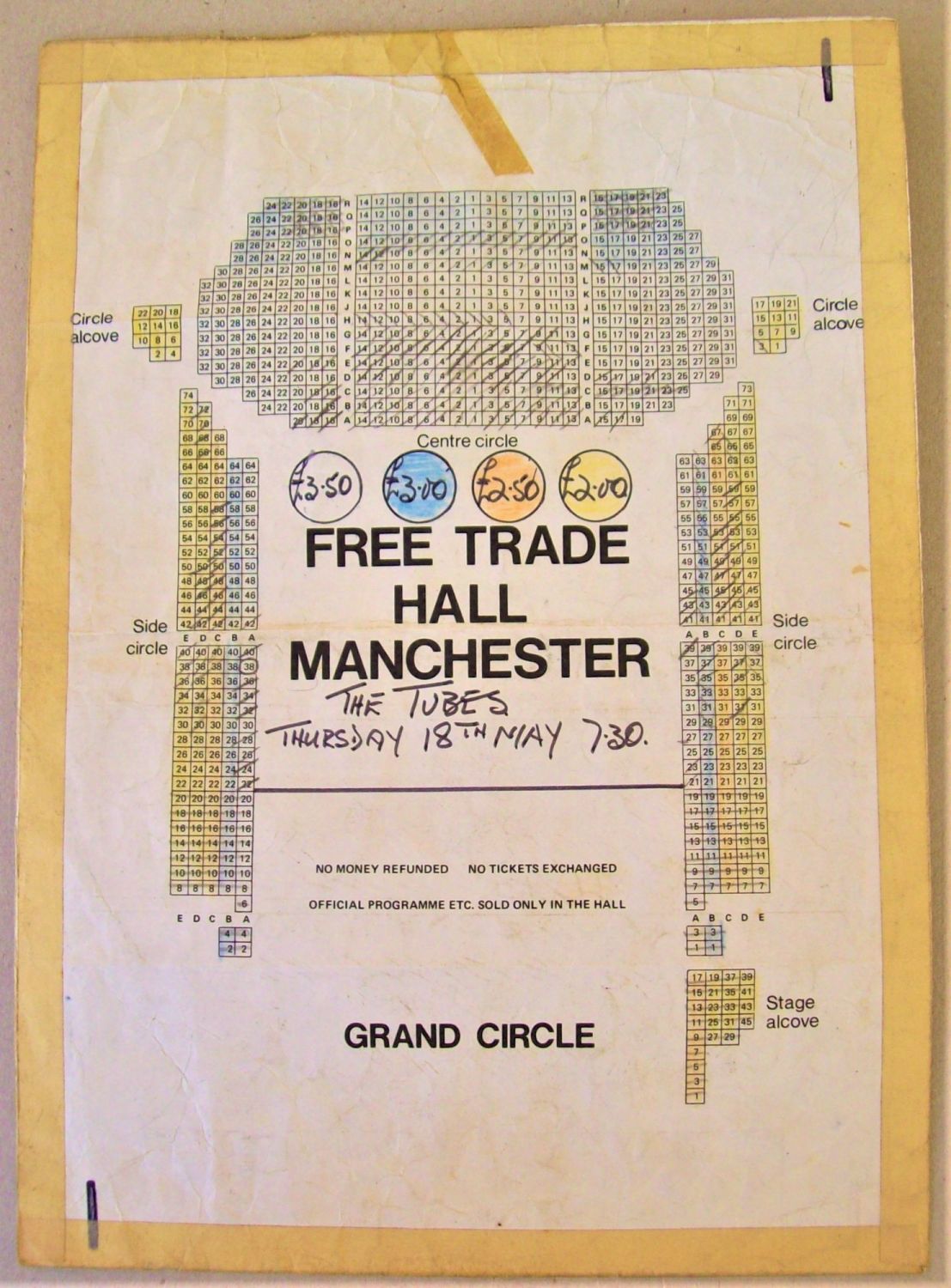 THE TUBES CONCERT SEATING MAP THUR 18th MAY 1978 MANCHESTER FREE TRADE HALL