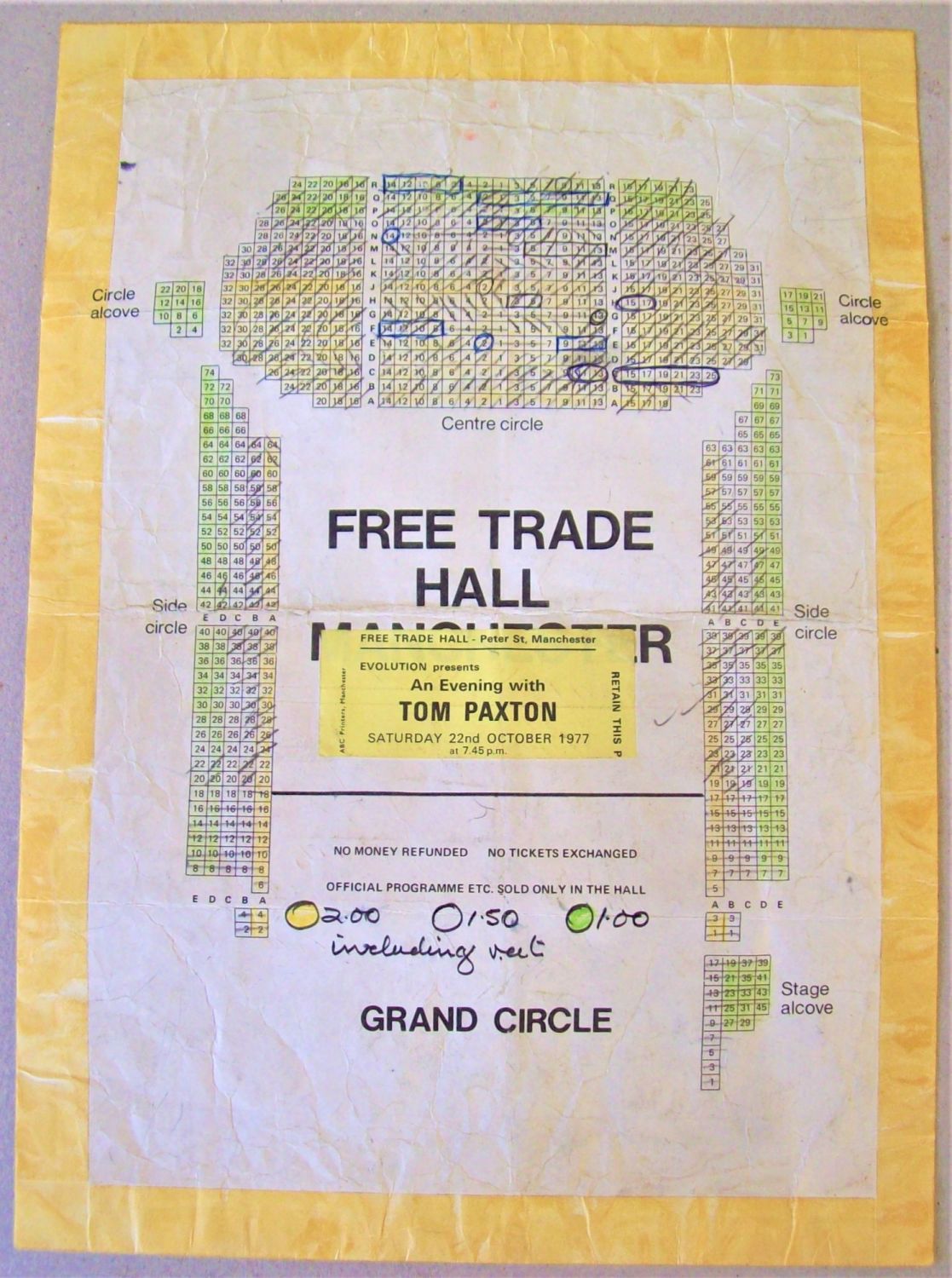 TOM PAXTON CONCERT SEATING MAP SAT 22nd OCT 1977 MANCHESTER FREE TRADE HALL