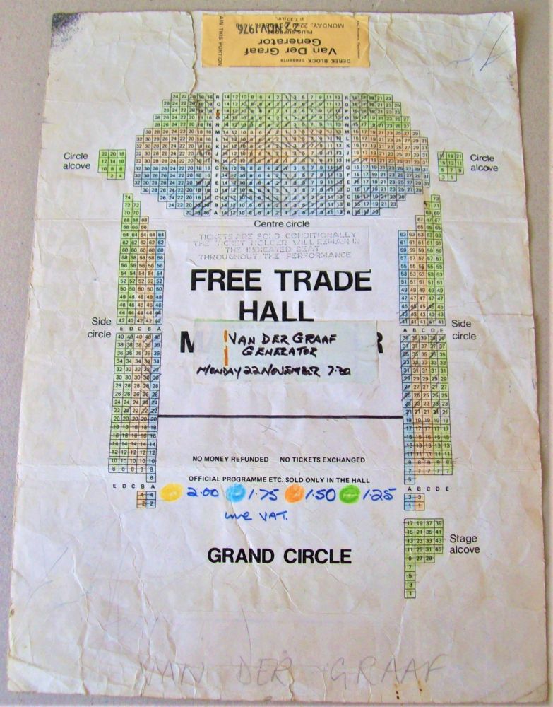 VAN DER GRAAF GENERATOR CONCERT SEATING MAP MONDAY 22nd NOV 1976 MANCHESTER