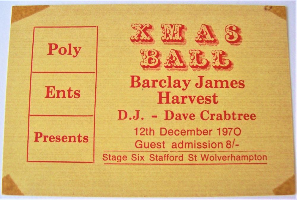 BARCLAY JAMES HARVEST CONCERT TICKET SAT 12th DEC 1970 WOLVERHAMPTON POLYTE