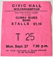 CLIMAX BLUES BAND CONCERT TICKET MON 27th SEPT 1976 WOLVERHAMPTON CIVIC HALL UK