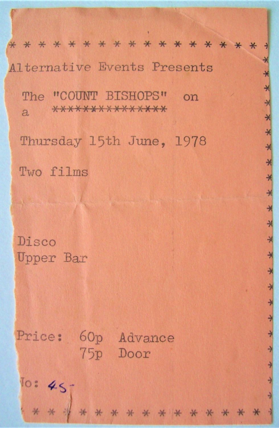 COUNT BISHOPS CONCERT TICKET THURSDAY 15th JUNE 1978 WOLVERHAMPTON POLYTECH