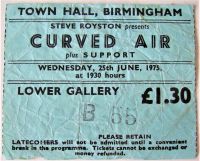 CURVED AIR RARE CONCERT TICKET WEDNESDAY 25th JUNE 1975 TOWN HALL BIRMINGHAM UK
