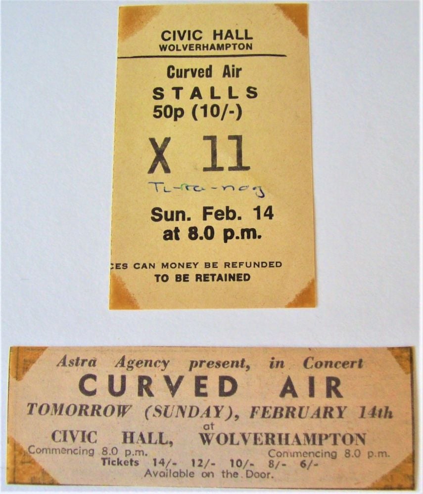 CURVED AIR CONCERT TICKET AND ADVERT SUN 14th FEB 1971 WOLVERHAMPTON CIVIC 