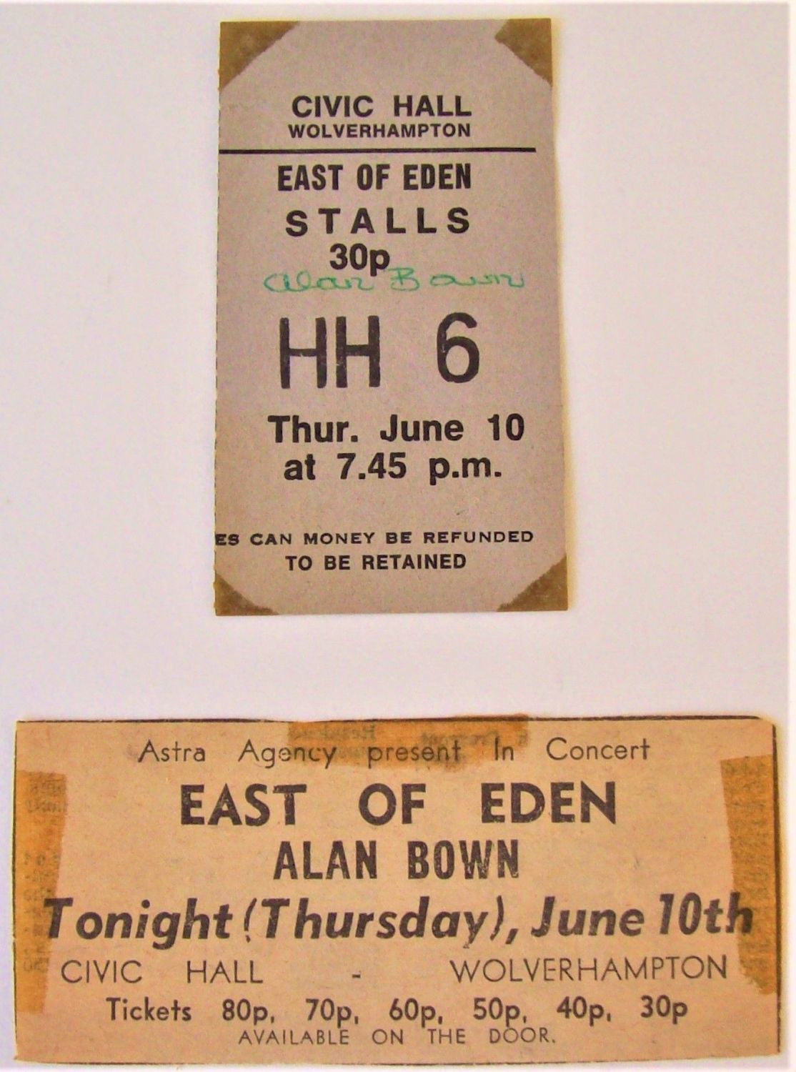 EAST OF EDEN CONCERT TICKET AND ADVERT THURS 10th JUNE 1971 WOLVERHAMPTON C