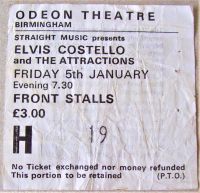 ELVIS COSTELLO RARE CONCERT TICKET 5th JANUARY 1979 BIRMINGHAM ODEON THEATRE UK
