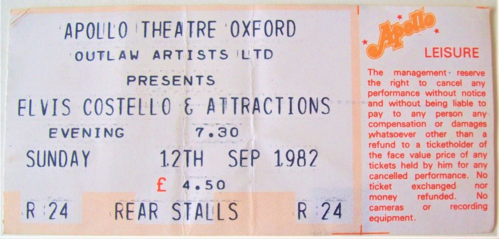 ELVIS COSTELLO RARE CONCERT TICKET SUNDAY 12th SEPTEMBER 1982 APOLLO OXFORD