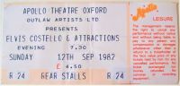ELVIS COSTELLO RARE CONCERT TICKET SUNDAY 12th SEPTEMBER 1982 APOLLO OXFORD U.K.