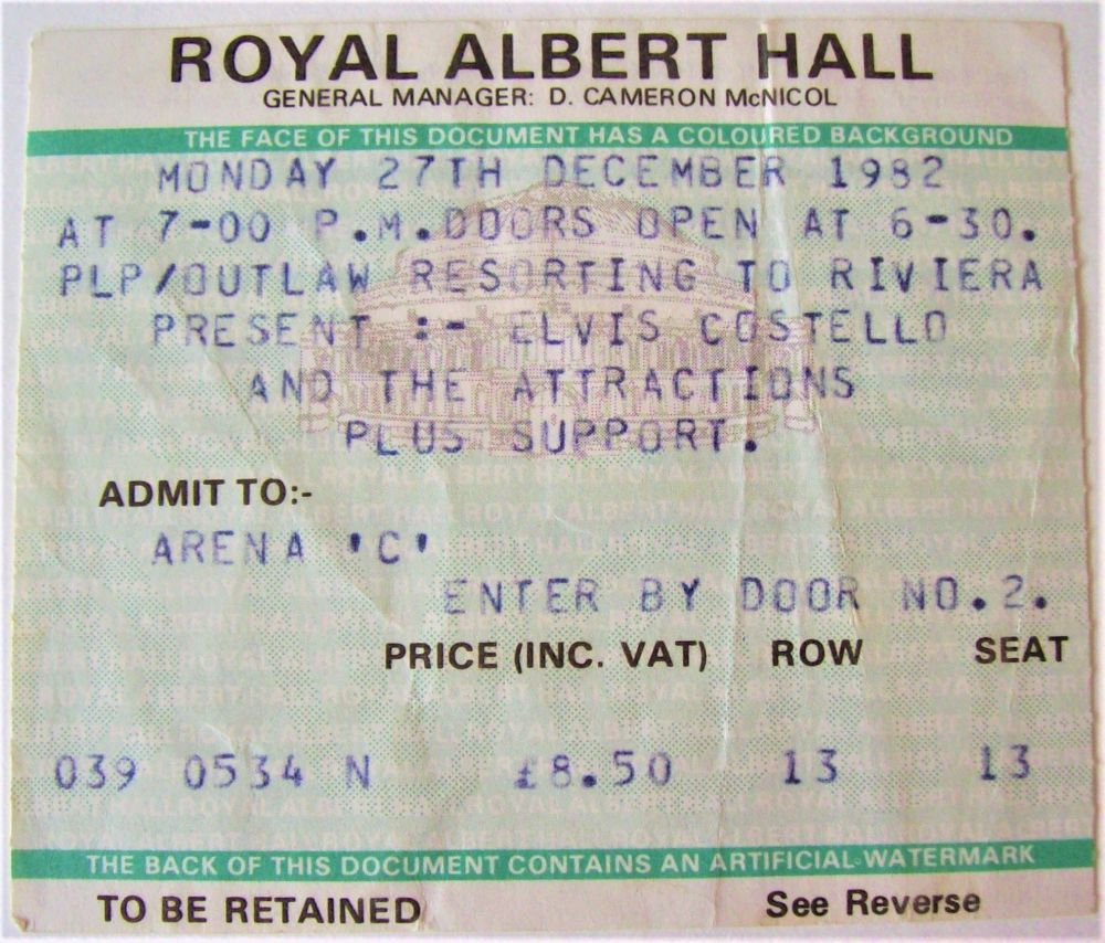 ELVIS COSTELLO RARE CONCERT TICKET MONDAY 27th DECEMBER 1982 ROYAL ALBERT H