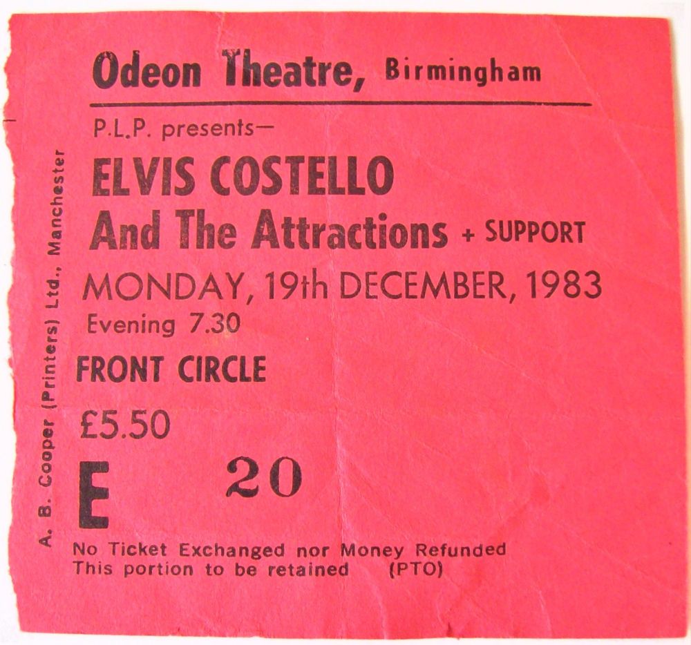 ELVIS COSTELLO RARE CONCERT TICKET MONDAY 19th DECEMBER 1983 BIRMINGHAM ODE