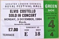 ELVIS COSTELLO CONCERT TICKET MONDAY 3rd DECEMBER 1984 ROYAL FESTIVAL HALL U.K.