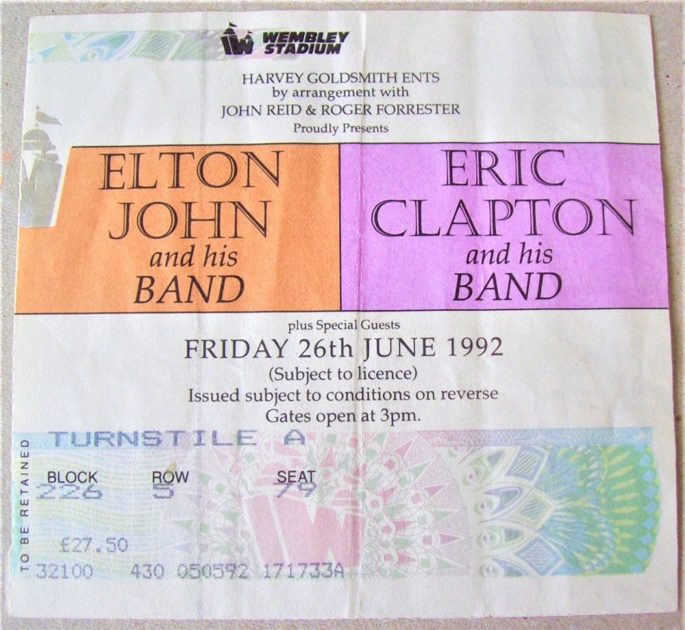 ELTON JOHN AND ERIC CLAPTON CONCERT TICKET FRIDAY 26TH JUNE 1992 WEMBLEY ST