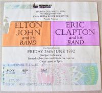 ELTON JOHN AND ERIC CLAPTON CONCERT TICKET FRIDAY 26TH JUNE 1992 WEMBLEY STADIUM U.K.