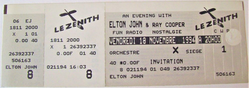 ELTON JOHN RARE UNUSED CONCERT TICKET FOR ZENITH ARENA PARIS 18th NOVEMBER 